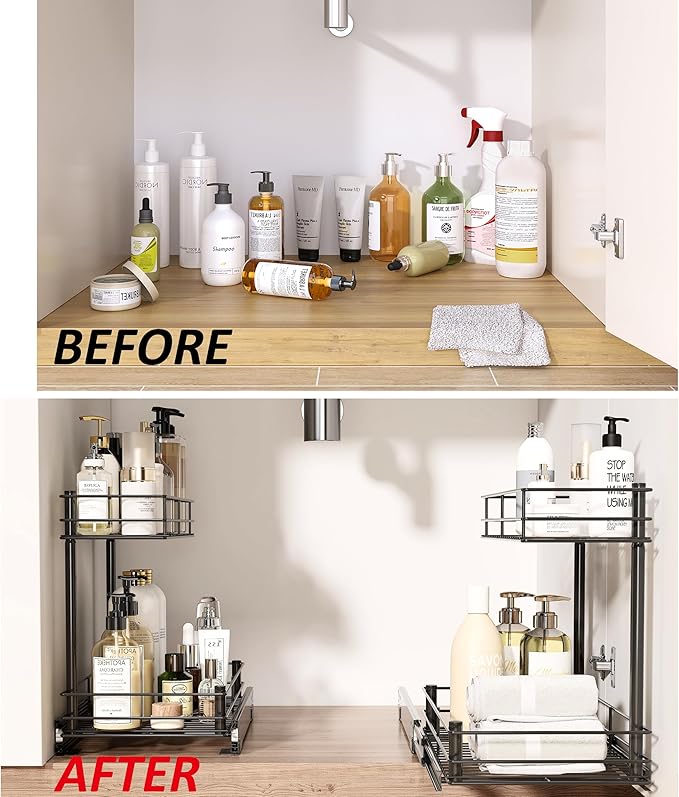 HANKEY Pull Out Cabinet Organizer Under Sink 2-Tier Slide out Shelves and Storage for Kitchen Bathroom Pantry Organization Sliding Pull-out Home Organizers,Metal,Black