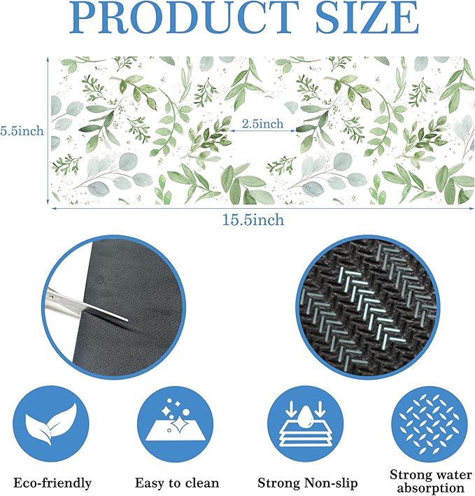 Faucet Mat Splash Guard Sage Green, Soft Diatom Mud Material, Strong Water Absorption, Non-slip,Easy to Clean for Bathroom, Kitchen 15"X5.5"