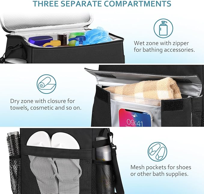 Portable Shower Caddy Tote Bag, Large Quick Dry Mesh Hanging Shower Organizer Toiletry Bag with Wet & Dry Shoes Compartment for College Dorm Gym Swimming Camping Travel, Black