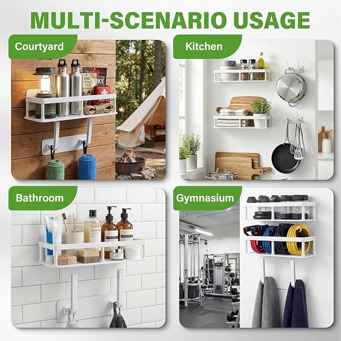 ACEXINYAN 2pc Wall Mounted Storage Rack with Hook Rack, No Drill Shelves for Wall, Floating Shelves Damage-Free Expand Walls Space for Living Room Kitchen Bathroom (4, White)