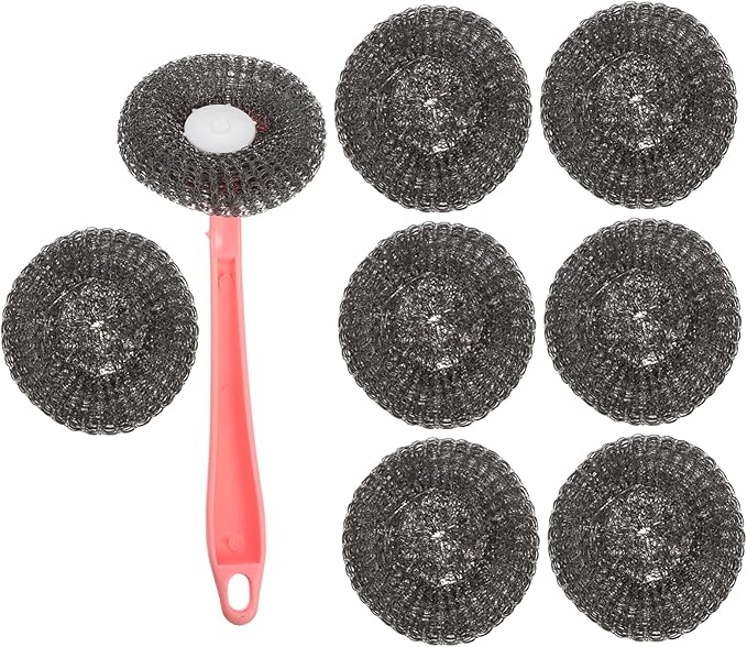 Cabilock Kitchen Handle Pot Brush Set 8pcs Steel Scrubbers for Dish Cleaning Heavy-Duty Kitchen Cleaning Tool Stiff Bristles for Pots Pans and Grout