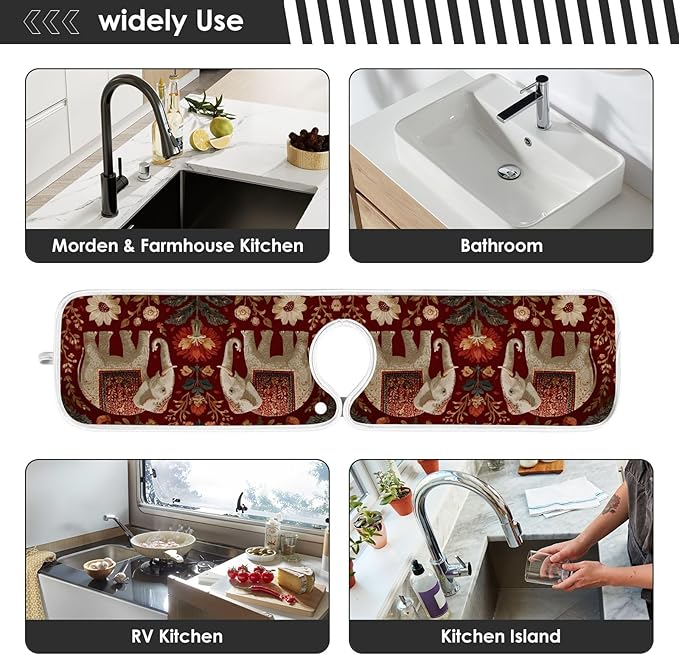 2 PCS Kitchen Sink Splash Guard 23.6 Inch Faucet Mat for Kitchen Sink Bathroom Sink Faucet Absorbing Drip Drain Mat Pad Microfiber Soft Washable Retro Red Elephant Flowers