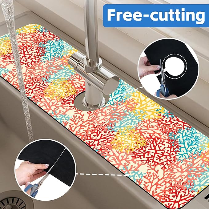 Colorful Sea Corals Dish Drying Mat for Kitchen Sink Splash Guard Behind Faucet Sink Mat Absorbent Fast Drying Faucet Draining Mat for Bathroom Kitchen 5.5"×24"
