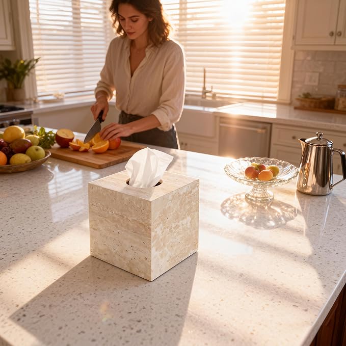 Natural Travertine Marble Tissue Box Holder Cover, Square Cube Tissue Box Holder with Open Bottom for Bathroom Vanity Tops, Bedroom Dressers, Kitchen Countertop, Travertine Beige(NS022)