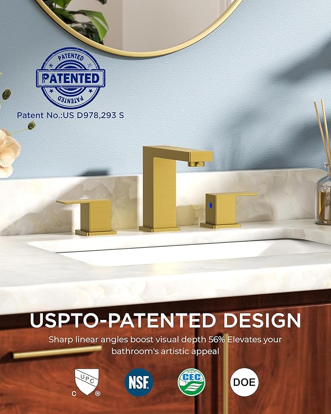 FORIOUS 2 Pack Gold Bathroom Faucet 3 Hole, Square 2 Handle 8 in Widespread Brushed Gold Bathroom Sink Faucet 3 Hole with Metal Drain, 24" CUPC Supply Lines and Spare Aerator
