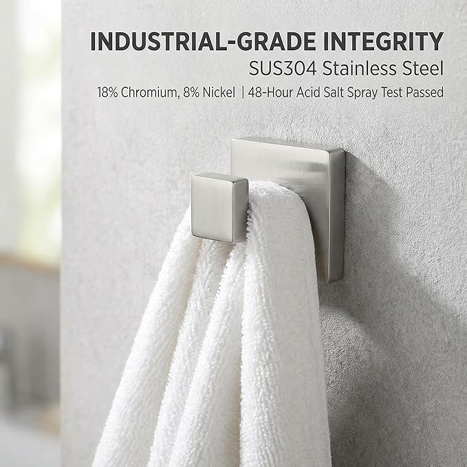 Brushed Nickel Hand Towel Hook 4-Pack, Geometric Series - Stainless Steel Towel Hooks for Bathrooms, Modern Wall Mount Bath Towel Holder with Industrial SUS304 Core
