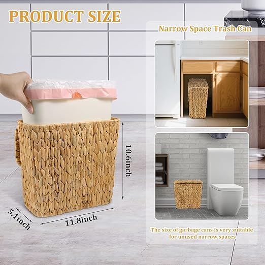 Wicker Trash Can with Lid and Liner, Handwoven Wicker Waste Basket, Water Hyacinth Bathroom Trash Can, Boho Rattan Garbage Wastebasket for Bedroom Home Living Room Office Kitchen, 2.5 Gallon