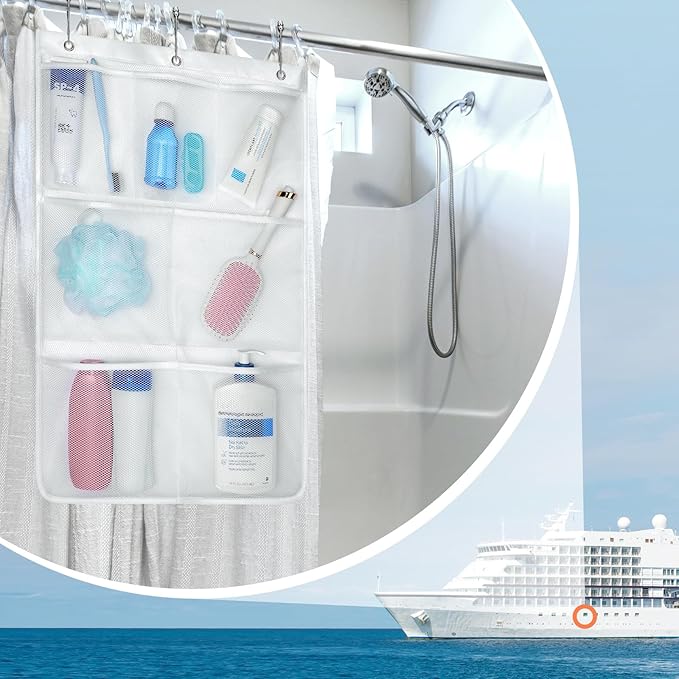 F-color Cruise Essentials 2026-7 Pockets Mesh Shower Organizer Hanging Bundle with Retractable Clothesline, Quick-Dry, Portable Toiletry Bag Travel Laundry Drying Kit for RV Hotel Camping