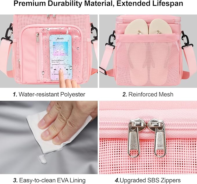 F-color Crossbody Shower Caddy with Phone Holder - Hands-Free Portable Toiletry Bag Fits Full-Size Bottles, Quick Dry Mesh Hanging Tote for College Dorm Essentials, Camping, Gym, Travel, Large, Pink