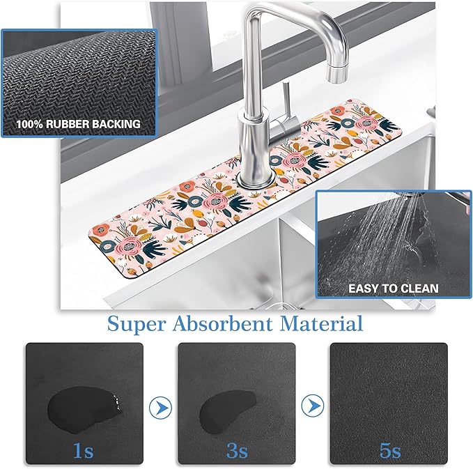 Flower Berrie Leave Faucet Mat for Kitchen Sink Floral Texture, Soft Diatom Mud Material, Strong Water Absorption, Non-slip, Easy to Clean for Bathroom, Kitchen 23.5"X5.5"