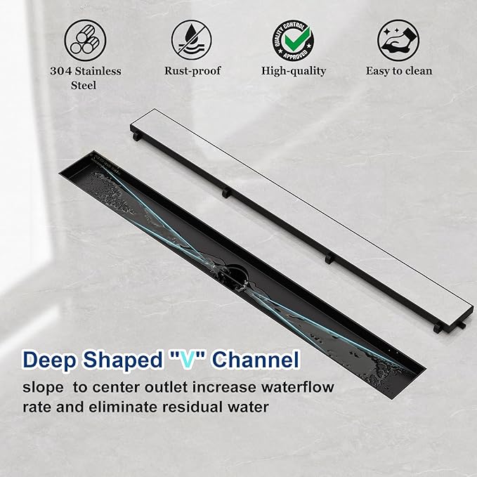 Neodrain 30-Inch Linear Shower Drain with Tile Insert Grate,Matte Black 304 Stainless Steel Rectangle Shower Floor Drain, Linear Drain with Leveling Feet, Hair Strainer
