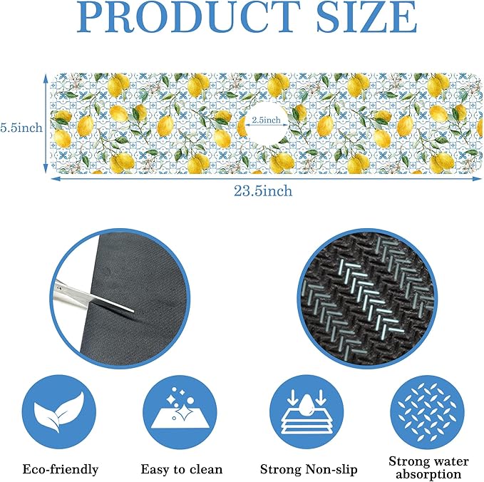 Faucet Mat for Kitchen Sink Sicilian Watercolor Lemon Blue Tile, Soft Diatom Mud Material, Strong Water Absorption, Non-slip, Easy to Clean for Bathroom, Kitchen 23.5"X5.5"