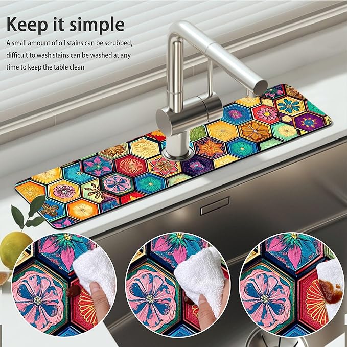 Bimkole 2 PCS Faucet Absorbent Mat, Kitchen Faucet Sink Splash Guard Wraparound Cloth Pads Drip Catcher for Sink Faucet for Kitchen Bathroom Faucet, Colorful Faucet Mat, 15 x 4 Inch Flower A7