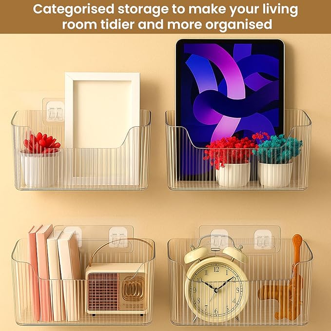 4 Pcs Storage Organizer Bins, Wall Mounted Shower Basket, Shower Caddy Stackable, Clear Plastic Makeup Organizer, Adhesive Hanging Bin for Bathroom, Kitchen, Pantry