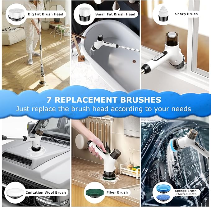 Electric Spin Scrubber,Cordless 2 Speeds Shower Scrubber with Foam &Remote Control,IPX7 Waterproof Adjustable Electric Scrubber for Cleaning with 7 Replaceable Brush for Bathroom Kitchen Car