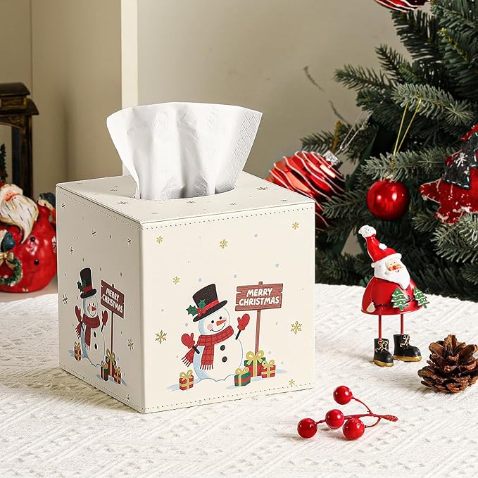 Luxspire Christmas Tissue Box Cover, 5.51" Square Tissue Box Cover with Magnetic Closure, Tissue Box Holder Christmas Decor for Living Room Bedroom Countertop Cars Hotels, Christmas Snowman