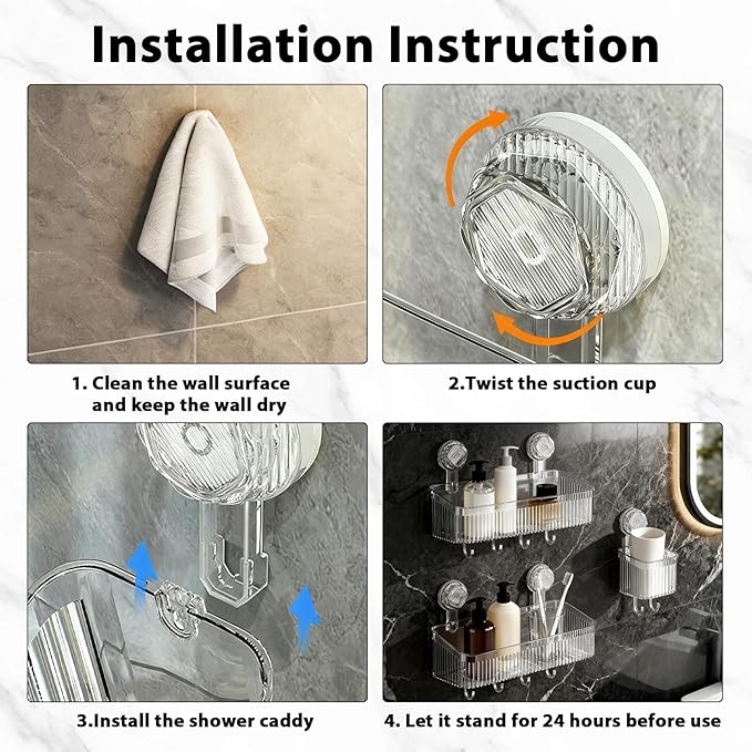 3 Pack Suction Cup Shower Caddy, Clear Shower Shelves No Drilling with Movable Hooks & Toothbrush Holder, Wall Storage Shelves for Bathroom, Kitchen