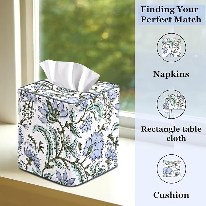 Ridhi Columbia Blue Block Print Tissue Box Cover – Handmade Cotton Fabric Tissue Holder for Home Bedroom Living Room Bathroom Vanity Car Nightstand Office Kitchen – Decorative Square Napkin Holder