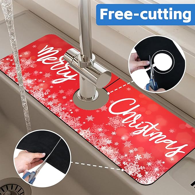 Merry Christmas Snowflake Kitchen Sink Splash Guard Mat Absorbent Fast Drying Mat Faucet Draining Mat Sink Splash Guard Behind Faucet Drip Catcher for Kitchen Bathroom 5.5"×15"