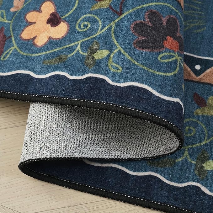 Rugcomf Runners for Kitchen Runner Rug Non Slip 2'x10' Long Washable Rugs with Rubber Backing Soft Floral Animal Cat Carpet Runner for Kitchen Laundry Bedroom Bathroom, Pearl Gentian Blue