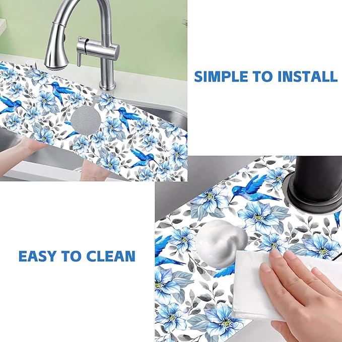 Kitchen Sink Splash Guard Faucet Mat Blue Floral and Hummingbird Absorbent Fast Drying Mat Faucet Draining Mat Sink Splash Guard Behind Faucet Drip Catcher for Kitchen Bathroom 24" X 5.5"