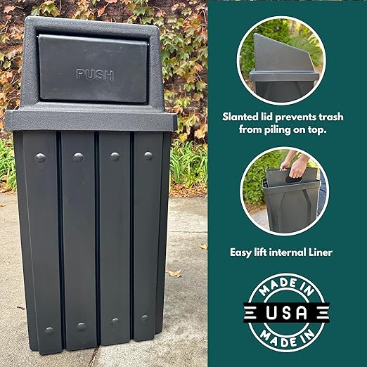Campus Collection 32 Gallon Square Slatted 100% Recycled Plastic Heavy-Duty Commercial Outdoor or Indoor Trash Can with Push Top Lid | Great for Schools and Businesses - Green