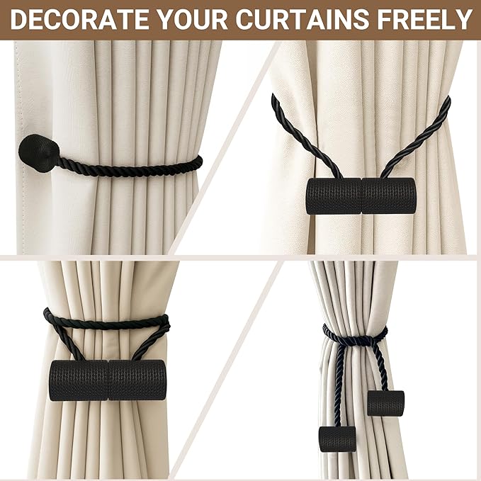 Hion Magnetic Curtain Tiebacks Black 4 Pack, Curtain Tiebacks Buckles Holdbacks Holders Hooks Clip for Home Bedroom Office Decorative Thick or Thin Curtain