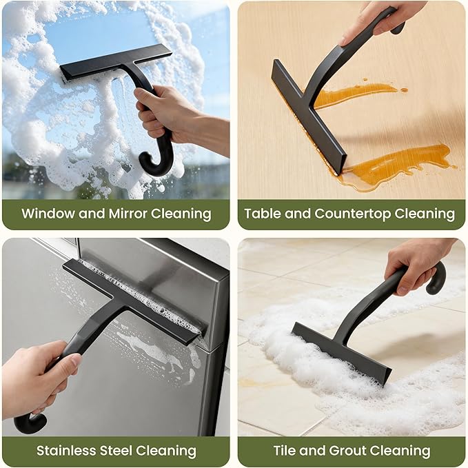 Shower Squeegee for Glass Doors - Ergonomic Round Grip, All-in-One Silicene Design with Built-in Hook Design for Easy Hanging, Efficient for Bathroom, Tile Wall, Car