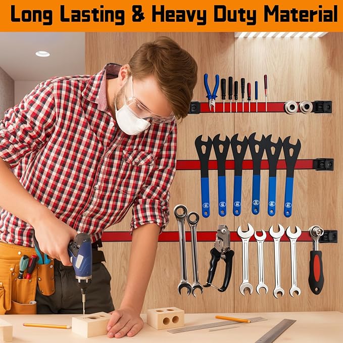 12" Magnetic Tool Holder Strip, 4 Pieces Red Metal Tool Organizer Rack with Stainless Steel Surface, Magnet Bar for Garage Workshop, Easy To Install with Mounting Screws
