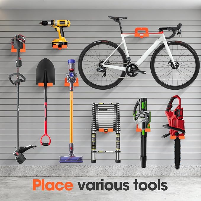 Weed Eater Hanger, Garage Organizer Trimmer Rack, Matel Wall Hooks Weed Wacker Holder, Heavy Duty Garden Tool Organizer for Grass Trimmer, Hedge Trimmer, Garage Tools Storage, Orange 1-Pack