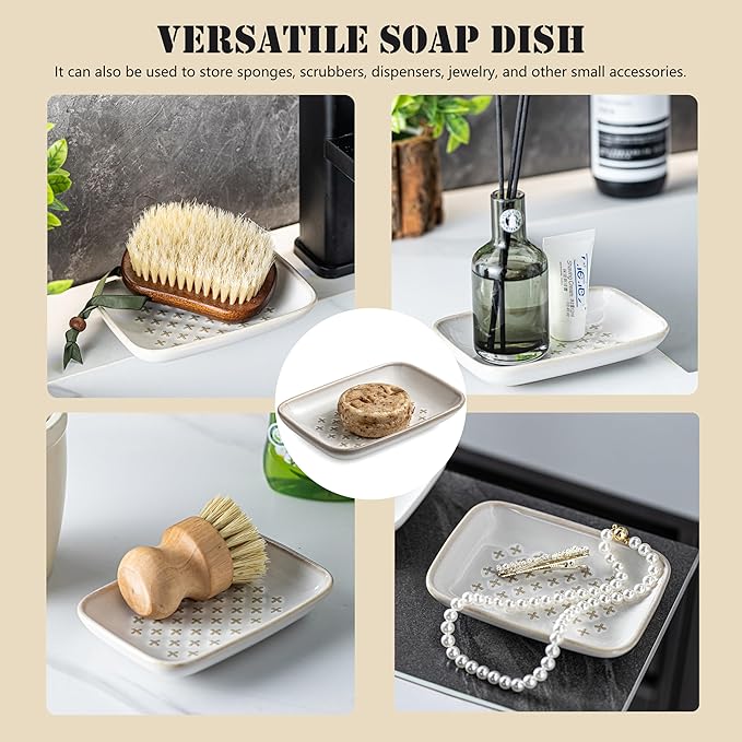 Premium Ceramic Soap Dish Holder - Large 5.5 Inch Soap Saver Tray with Non-Slip Base, Multi-Use for Bar Soap, Sponge & Jewelry - Elegant Gift for Bathroom, Kitchen, Shower Countertop - Creamy White