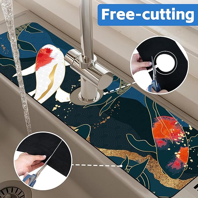 Oriental Japanese Koi Fish Sink Faucet Absorbing Mat Sink Splash Guard Faucet Mat Draining Mat Fast Drying Sink Protectors for Kitchen and Bathroom 5.5"×24"