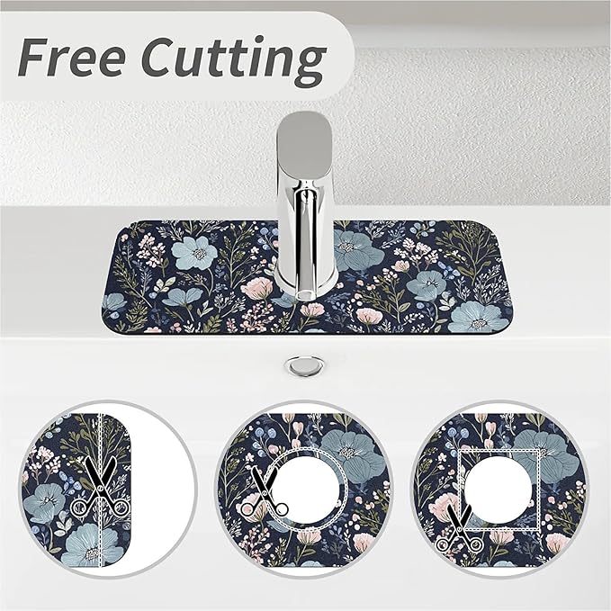 Kitchen Sink Splash Guard，Lush blue pink floral Faucet Mat Sink Gadgets-Super Absorbent Fast Drying Mat Drip Catcher for Kitchen, Bathroom,Sink Mat, Dish Drying Mat, Bathroom(15" X 5.5" )