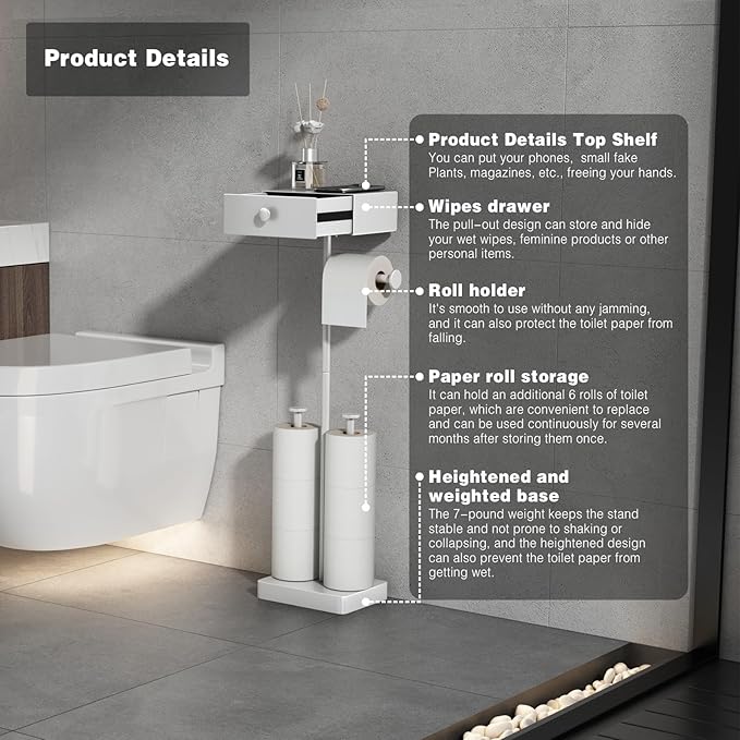 VOLDRA Toilet Paper Holder Stand with Shelf, Free Standing Toilet Paper Roll Holder with Wipes Storage Drawer Heavy Duty Floor Bathroom Tissue Holder Freestanding No Drill Tp Holder for 7 Rolls(White)