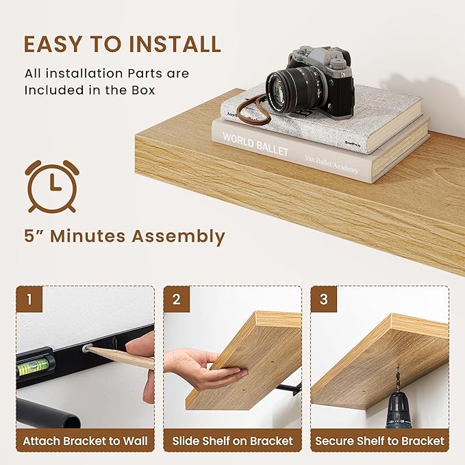 fuqing Floating Shelves for Wall, Wall Mounted Wood Floating Shelf with Invisible Brackets for Living Room, Bathroom, Bedroom, Kitchen Storage and Decor, 24 Inch Set of 2, Oak