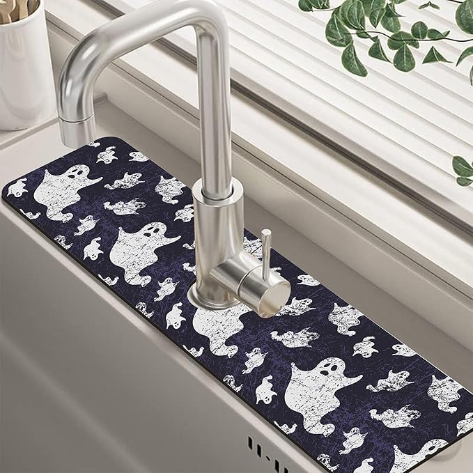 Halloween Vintage Ghost Dish Drying Mat for Kitchen Sink Splash Guard Behind Faucet Sink Mat Absorbent Fast Drying Faucet Draining Mat for Bathroom Kitchen 5.5"×24"