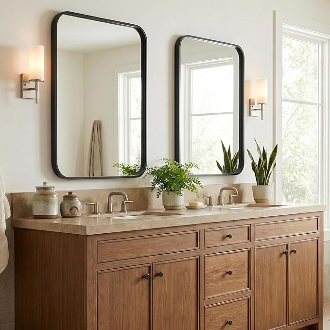 2 Pack Bathroom Mirrors for Over Sink, 22"x30" Matte Black Framed Vanity Mirror, Rounded Corner Rectangular Metal Mirror for Wall, Modern Farmhouse Industrial Decor