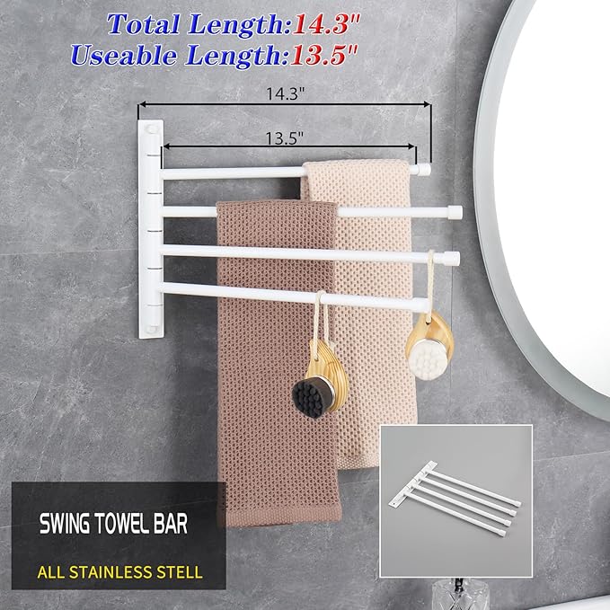 GERZWY Wall Mount Bath Towel Rack with 4 Arms Stainless Steel Bathroom Swing Arm Towel Bars Organizer, White