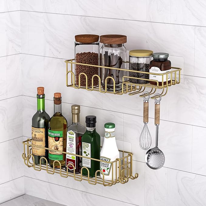 Adhesive Shower Caddy: 2 Bonus Hooks, 4-Pack Wall Mounted Bathroom Storage Shelf, Rustproof Metal Basket Organizer for Kitchen & Bathroom Drill Free Gold