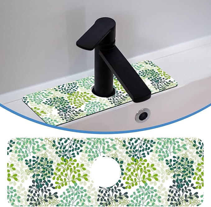 Green Leafy Faucet Mat for Kitchen Sink Verdant Vein, Soft Diatom Mud Material, Strong Water Absorption, Non-slip, Easy to Clean for Bathroom, Kitchen 15"X5.5"