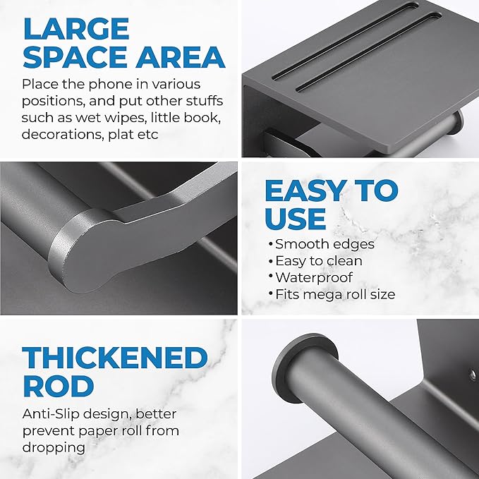 Toilet Paper Holder with Phone Shelf – Tissue Roll Holder Bathroom Storage Dispenser - Adhesive Toilet Paper Holder Wall Mount Bathroom Décor - Matte Gray