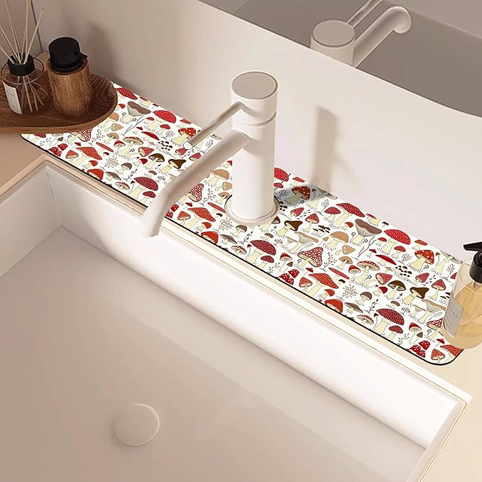 Cartoon Mushrooms Dish Drying Mat for Kitchen Sink Splash Guard Behind Faucet Sink Mat Absorbent Fast Drying Faucet Draining Mat for Bathroom Kitchen 5.5"×24"