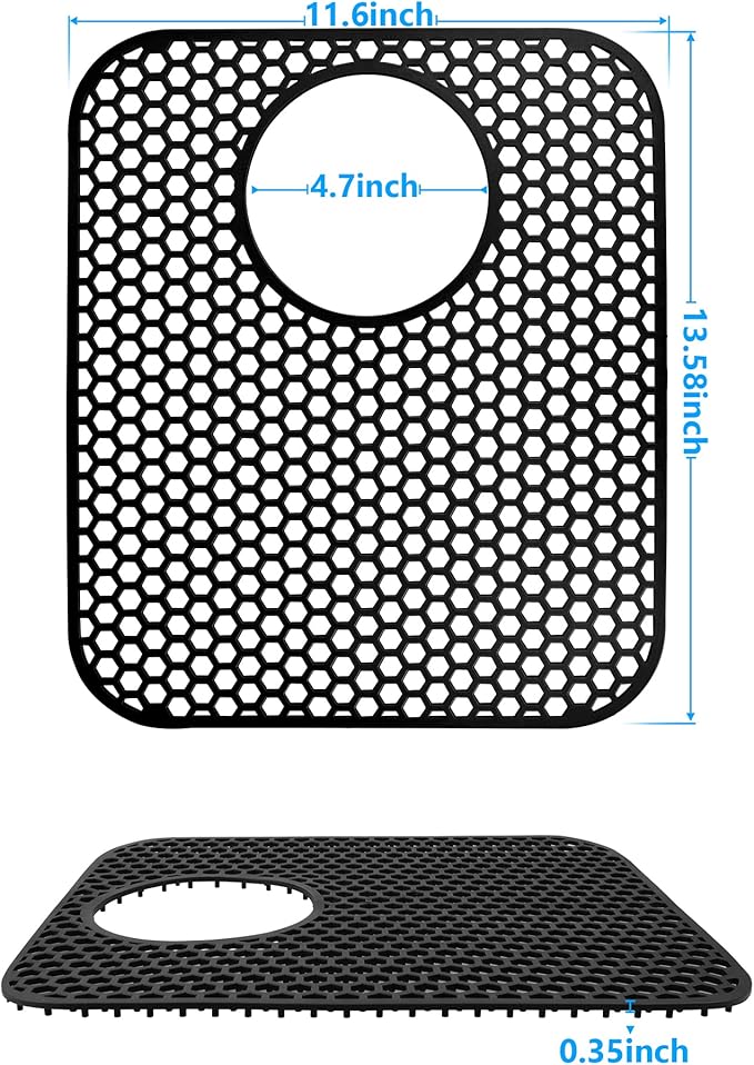 Sink Protectors for Kitchen Sink,2 PCS Silicone Kitchen Mat 13.58"x11.6",Non-Slip Bottom Guard Compatible with Farmhouse/Stainless Steel/Porcelain(Black, Rear Drain)