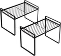 2pk Kitchen Cabinet Shelf Counter Organizer Rack Pantry Storage Bathroom Bedroom Office Table Desk Space Saving Steel Frame Stackable Rust Resistant Non Slip Black-Tall-L13in W8.3in H9.5in