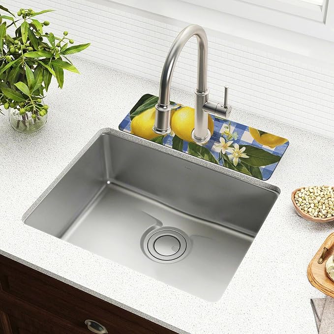 Gingham Blue and White Lemons Kitchen Sink Splash Guard Faucet Mat Diatomite Absorbent Pad for Bathroom RV 30x5.4in 2PCS water