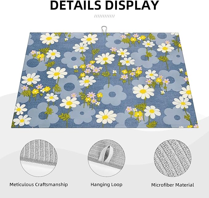 Daisy Flowers Dish Drying Mat for Kitchen Counter, 18"x24" Microfiber Absorbent Fast Dry Mat, 2Pcs Dish Mat Faucet Mats Sets, Large Drying Kitchen Mat Kitchen Drying Pad Coffee Bar Decor Gifts
