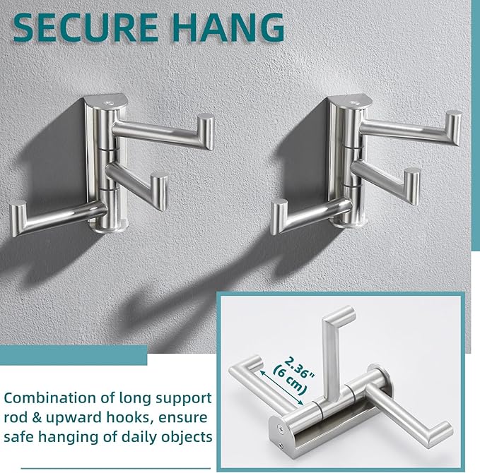 APLusee Swivel Towel Hook 2 Pack Brushed Nickel, 304 Stainless Steel Hook with Three Arms, Wall Mount
