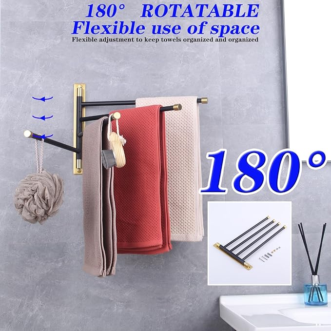 GERZWY Wall Mount Bath Towel Rack with 4 Arms Hanger Towel Holder Bathroom Swing Arm Towel Bars Organizer Stainless Steel (Black & Gold) HYG04-BD