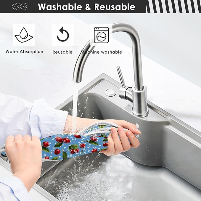 2 PCS Kitchen Sink Splash Guard 30 Inch Faucet Mat for Kitchen Sink Bathroom Sink Faucet Absorbing Drip Drain Mat Pad Microfiber Soft Washable Green Blue Cherry and Polka Dots