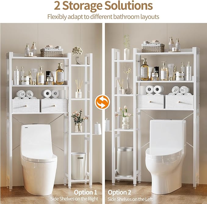 Housolution Over The Toilet Storage with 2 Drawers, 7 Tier Over Toilet Bathroom Organizer with Height Adjustable Shelves and Hooks, Space Saver Above Toilet Rack for Bathroom/Restroom/Laundry, White